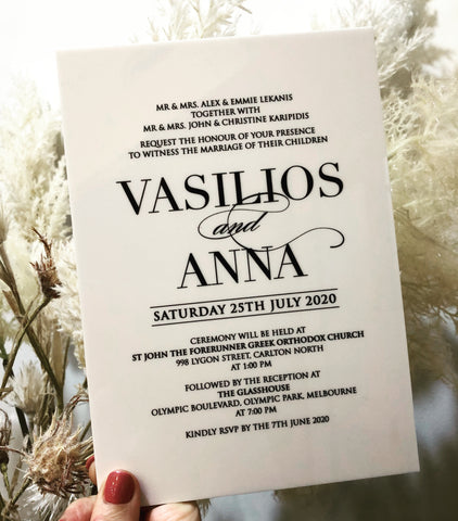 Vasilios &  Anna - White Acrylic Invitation