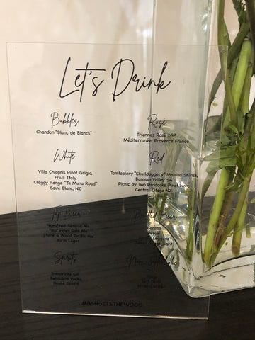 Lets Drink - Clear Acrylic Menu