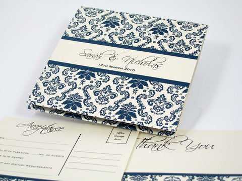 Blue Damask Square Fold - Wedding Invitation